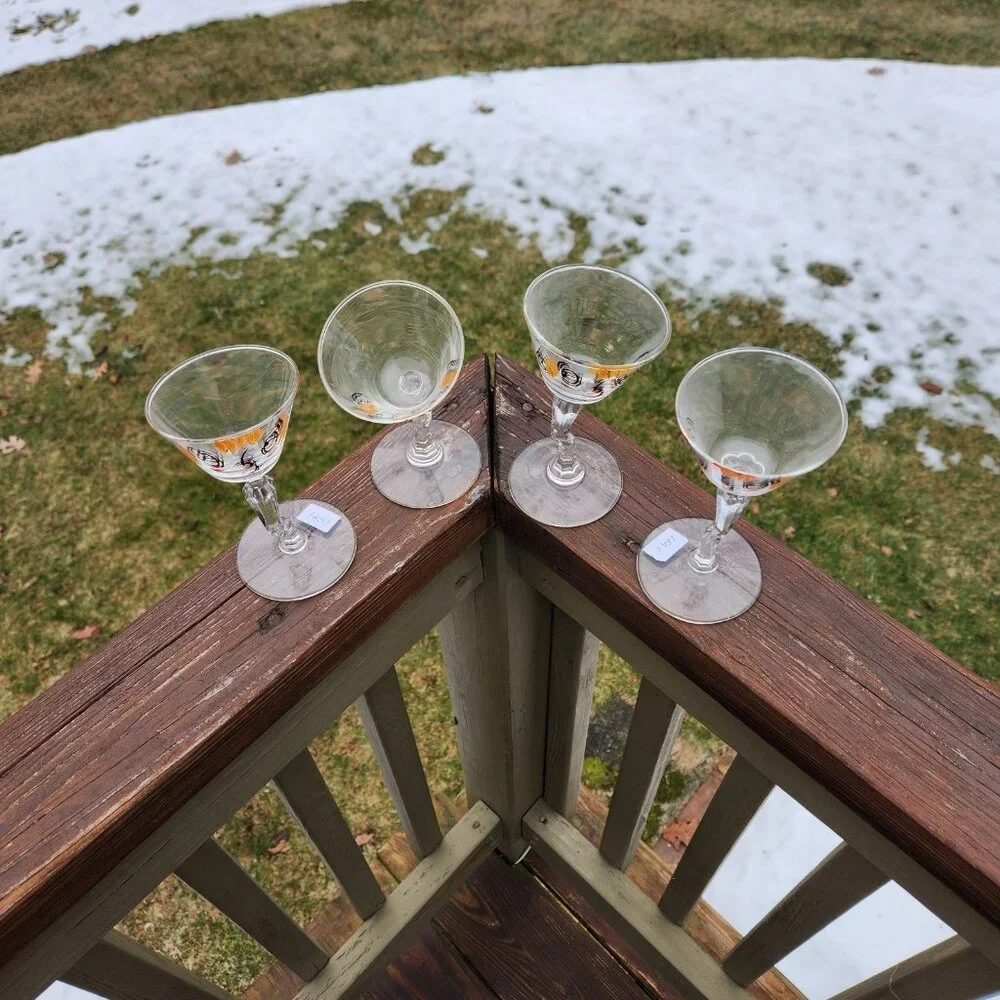 4 Vintage Gay Fad Beau Brummel Novelty Tipsy Martini Barware Cocktail Bar Glass